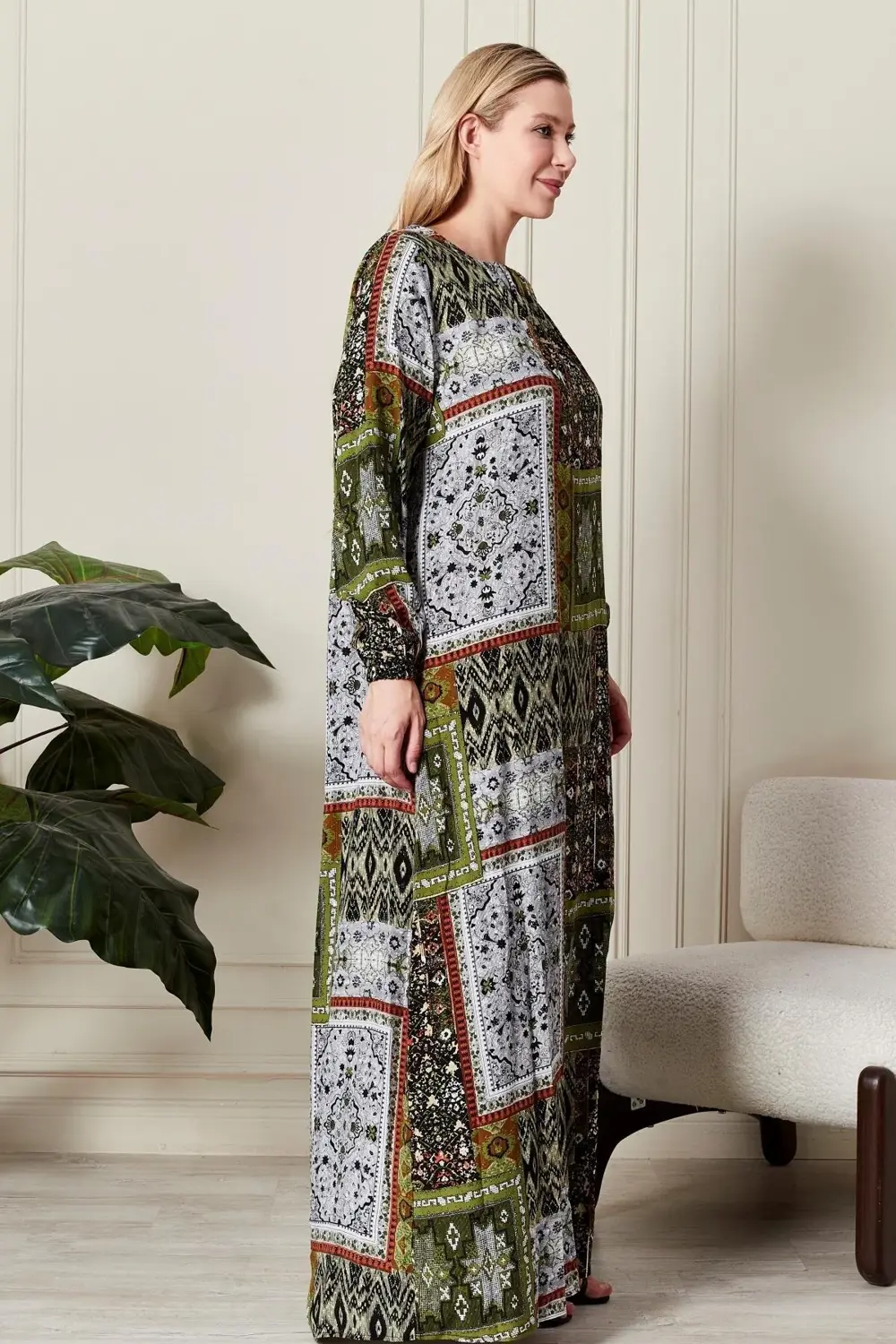 Kadın Büyük Beden Etnik Desen Kare Yaka Elbise