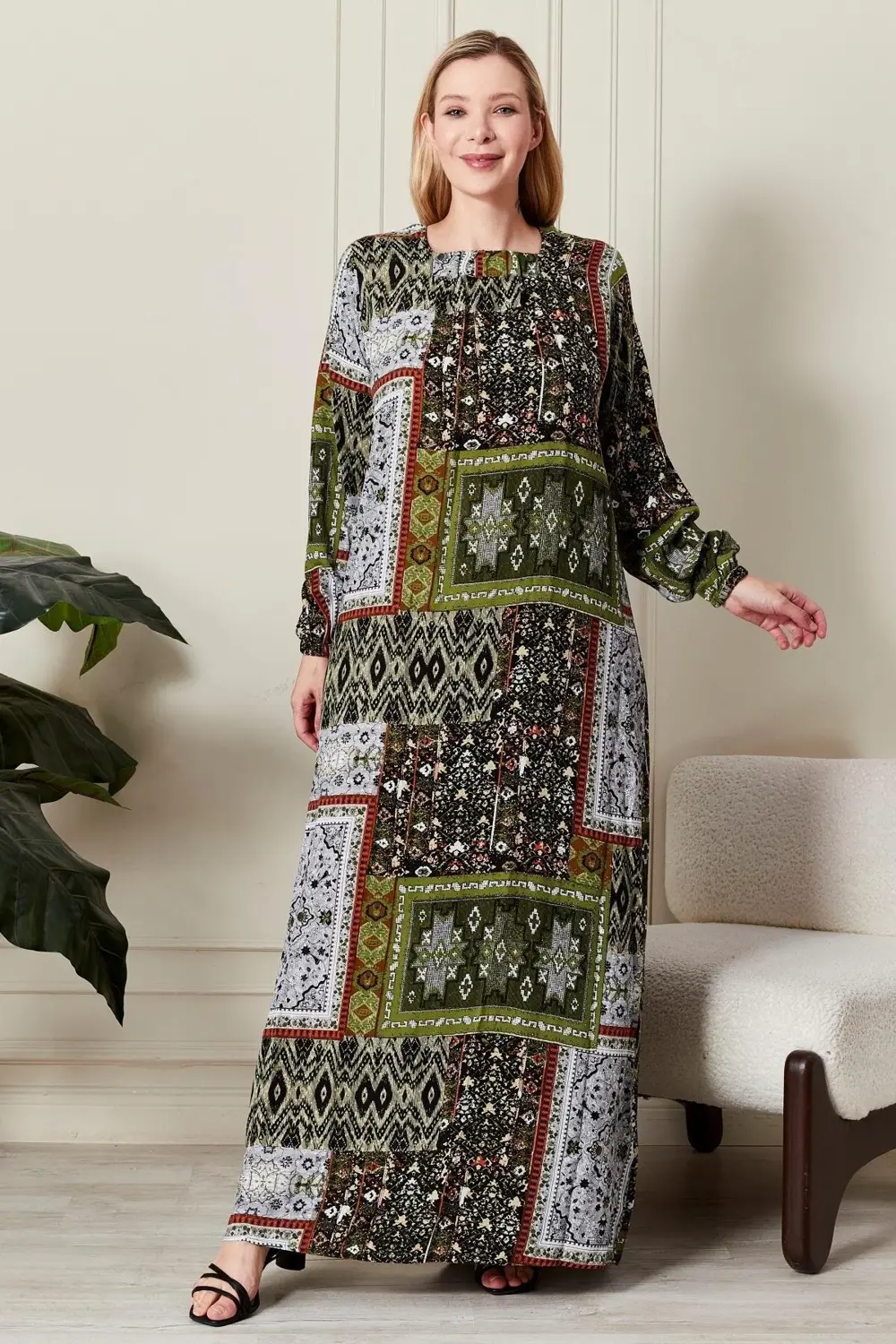 Kadın Büyük Beden Etnik Desen Kare Yaka Elbise
