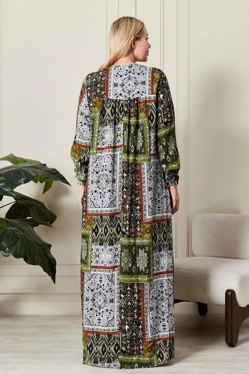Kadın Büyük Beden Etnik Desen Kare Yaka Elbise