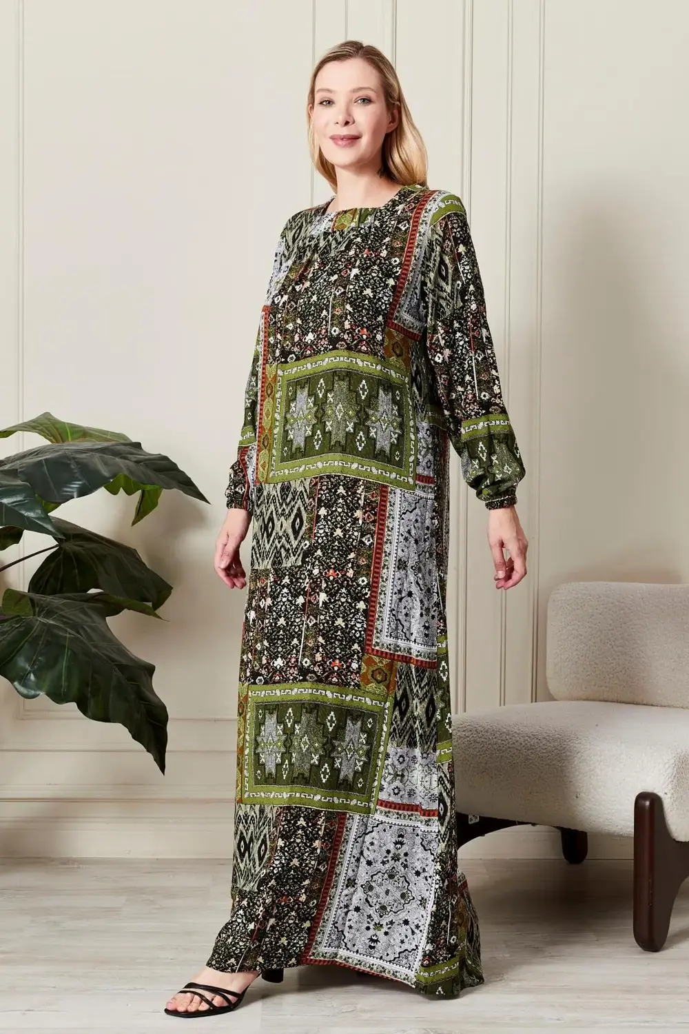 Kadın Büyük Beden Etnik Desen Kare Yaka Elbise