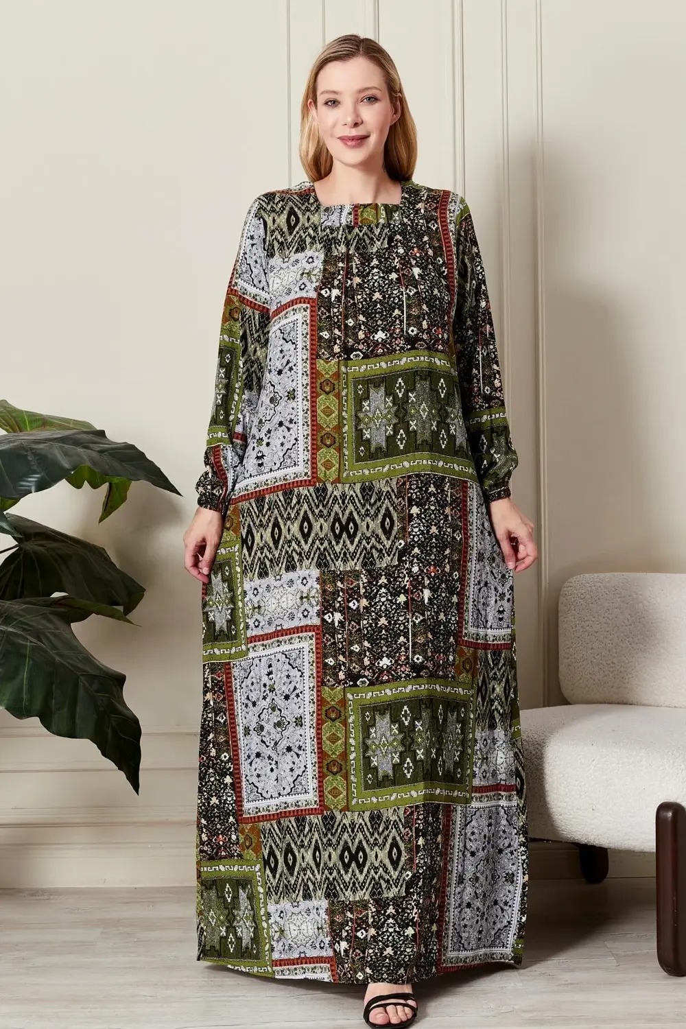 Kadın Büyük Beden Etnik Desen Kare Yaka Elbise