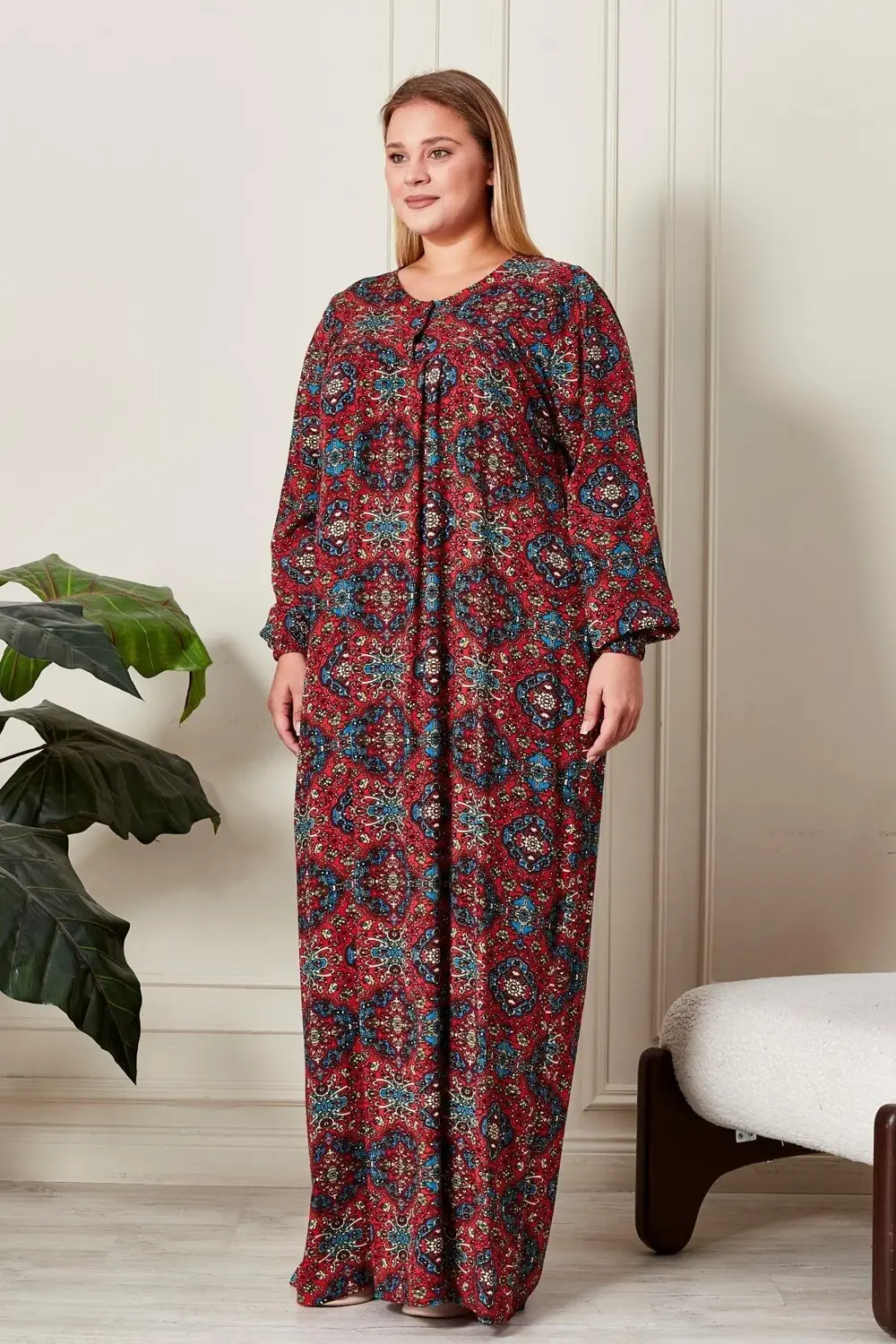Kadın Büyük Beden Etnik Desen Robalı Elbise