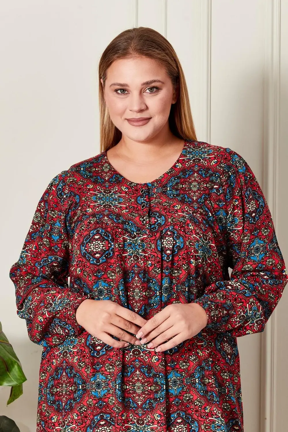 Kadın Büyük Beden Etnik Desen Robalı Elbise