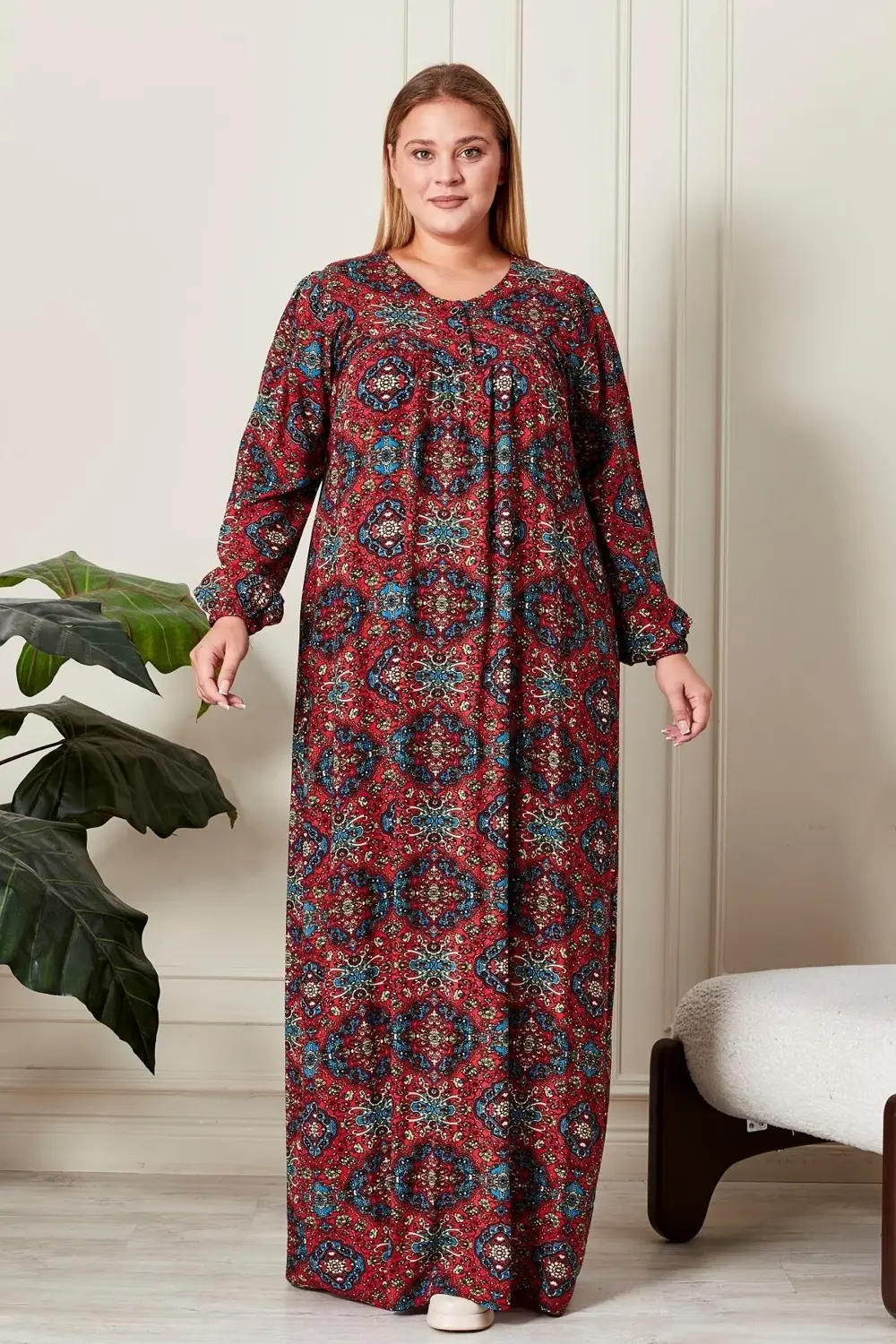Kadın Büyük Beden Etnik Desen Robalı Elbise