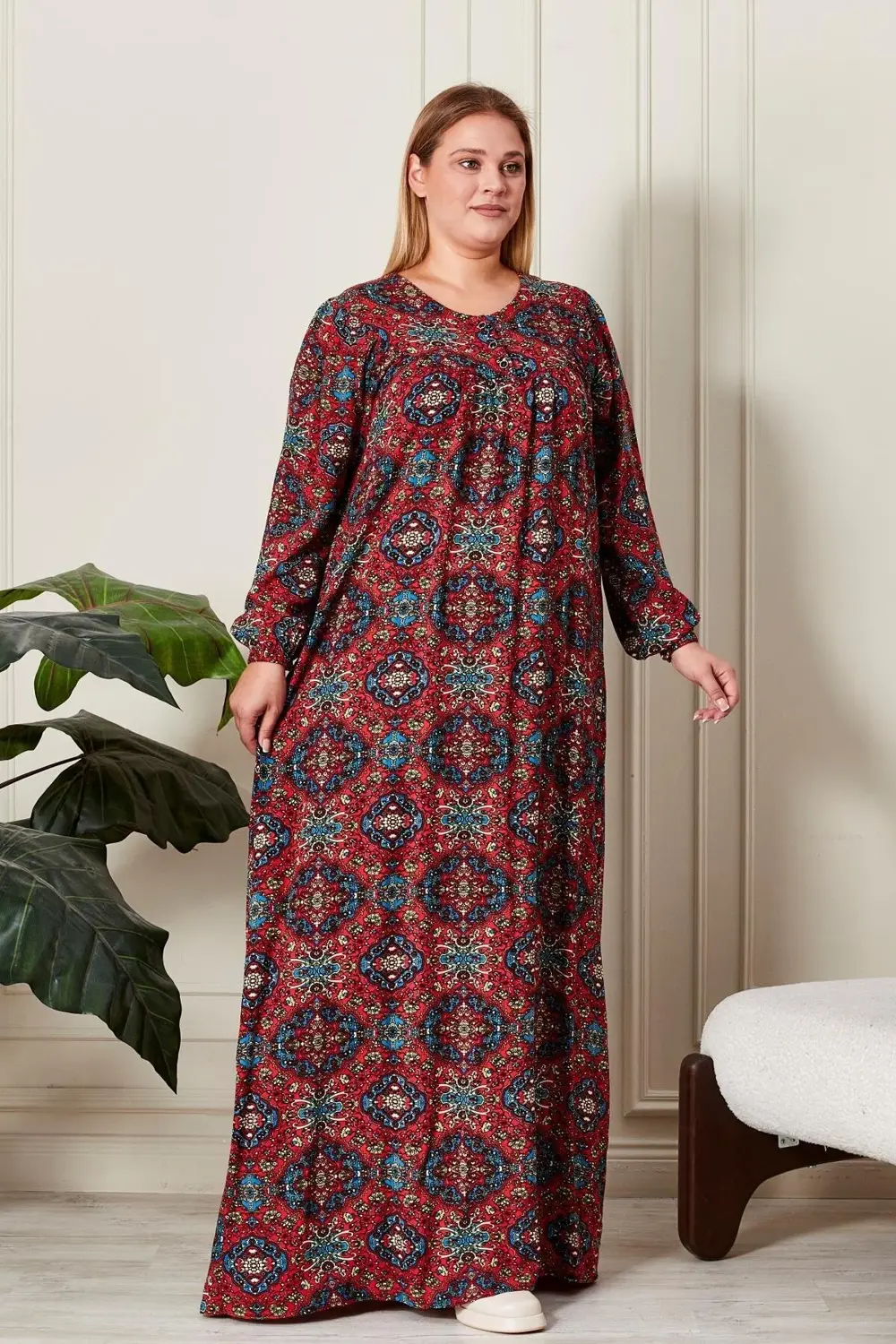 Kadın Büyük Beden Etnik Desen Robalı Elbise