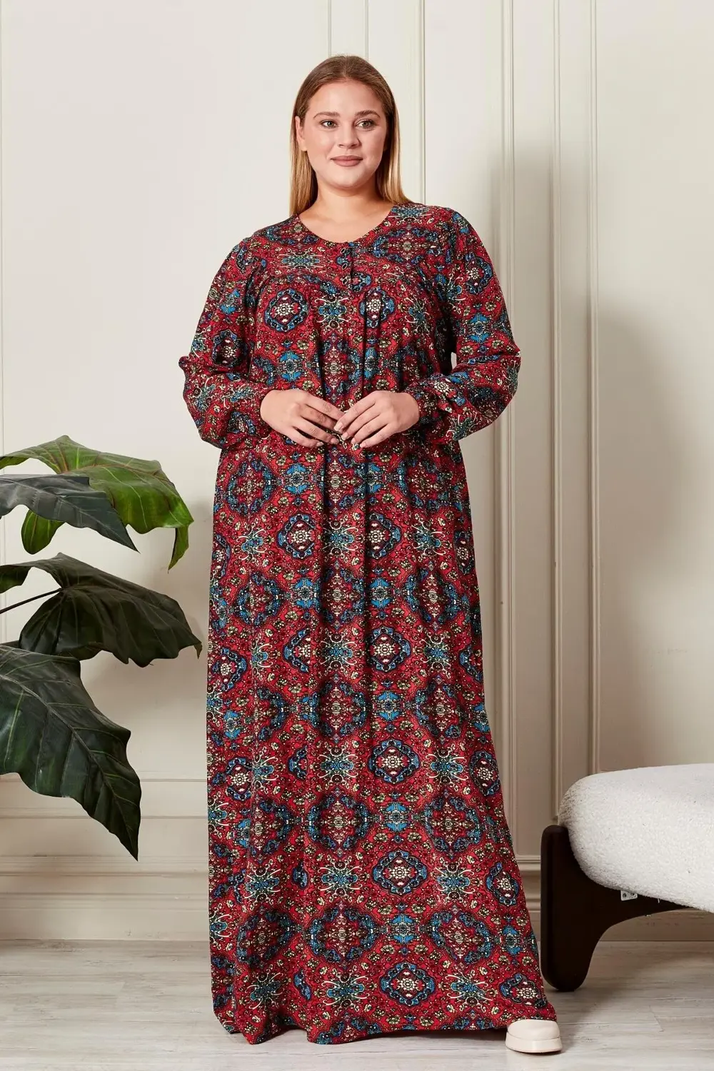 Kadın Büyük Beden Etnik Desen Robalı Elbise