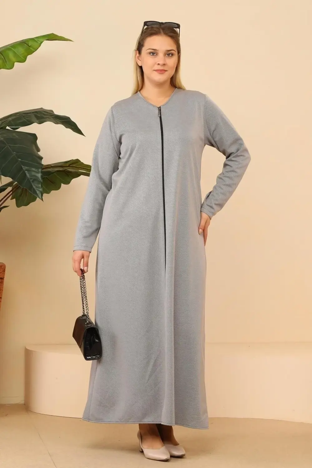 Kadin Buyuk Beden Fermuarlı Tam Tesettur Uzun Namaz Elbisesi Gri