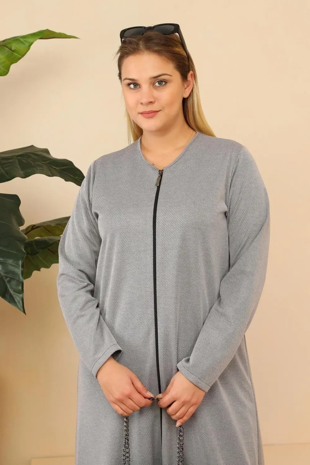 Kadin Buyuk Beden Fermuarlı Tam Tesettur Uzun Namaz Elbisesi Gri