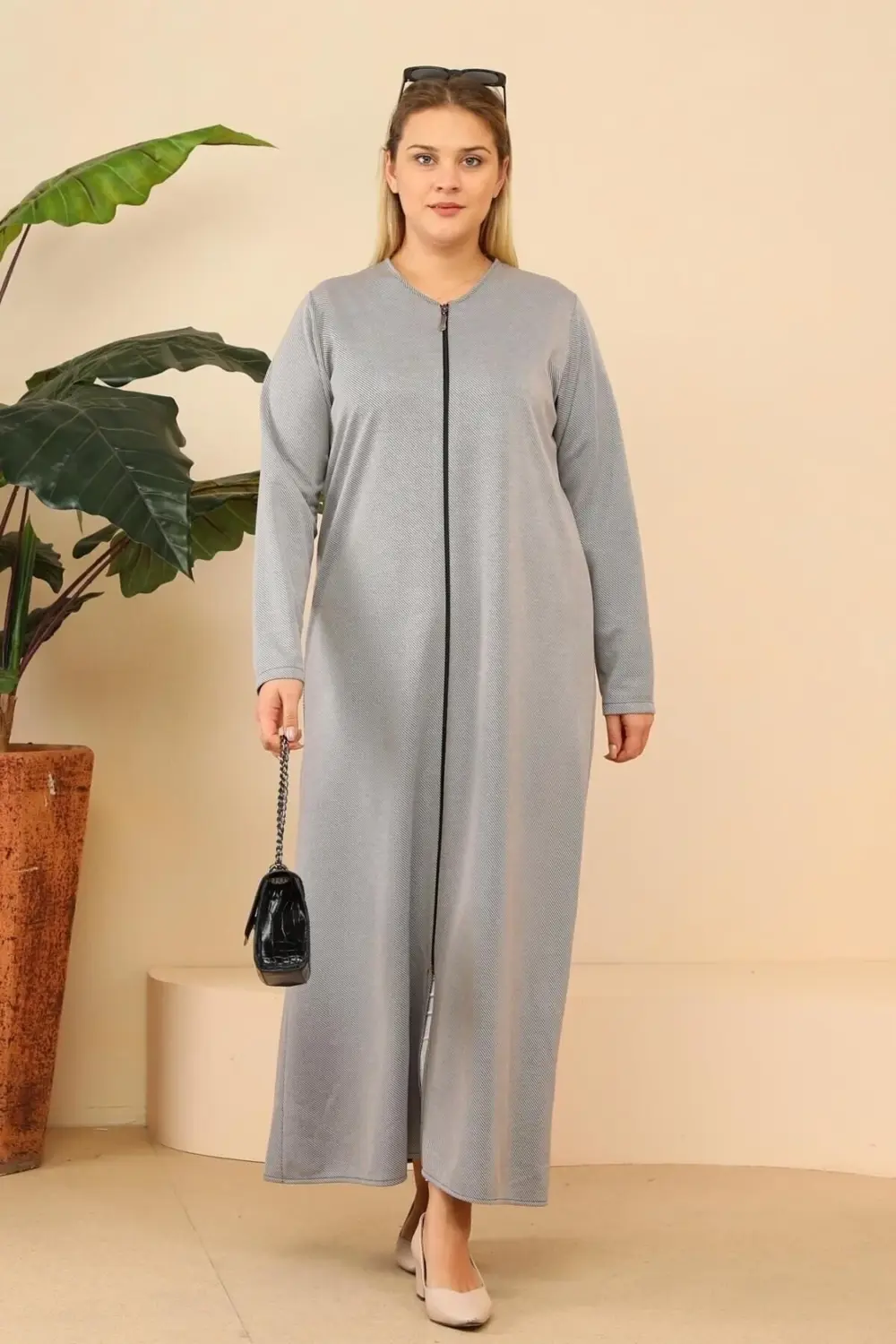 Kadin Buyuk Beden Fermuarlı Tam Tesettur Uzun Namaz Elbisesi Gri
