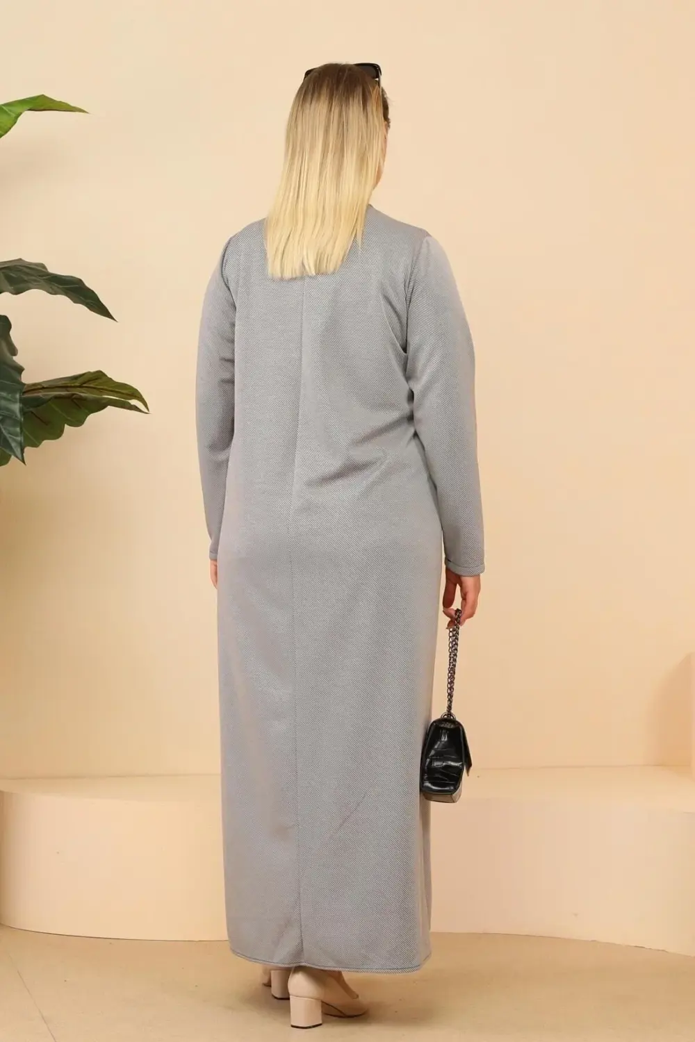 Kadin Buyuk Beden Fermuarlı Tam Tesettur Uzun Namaz Elbisesi Gri