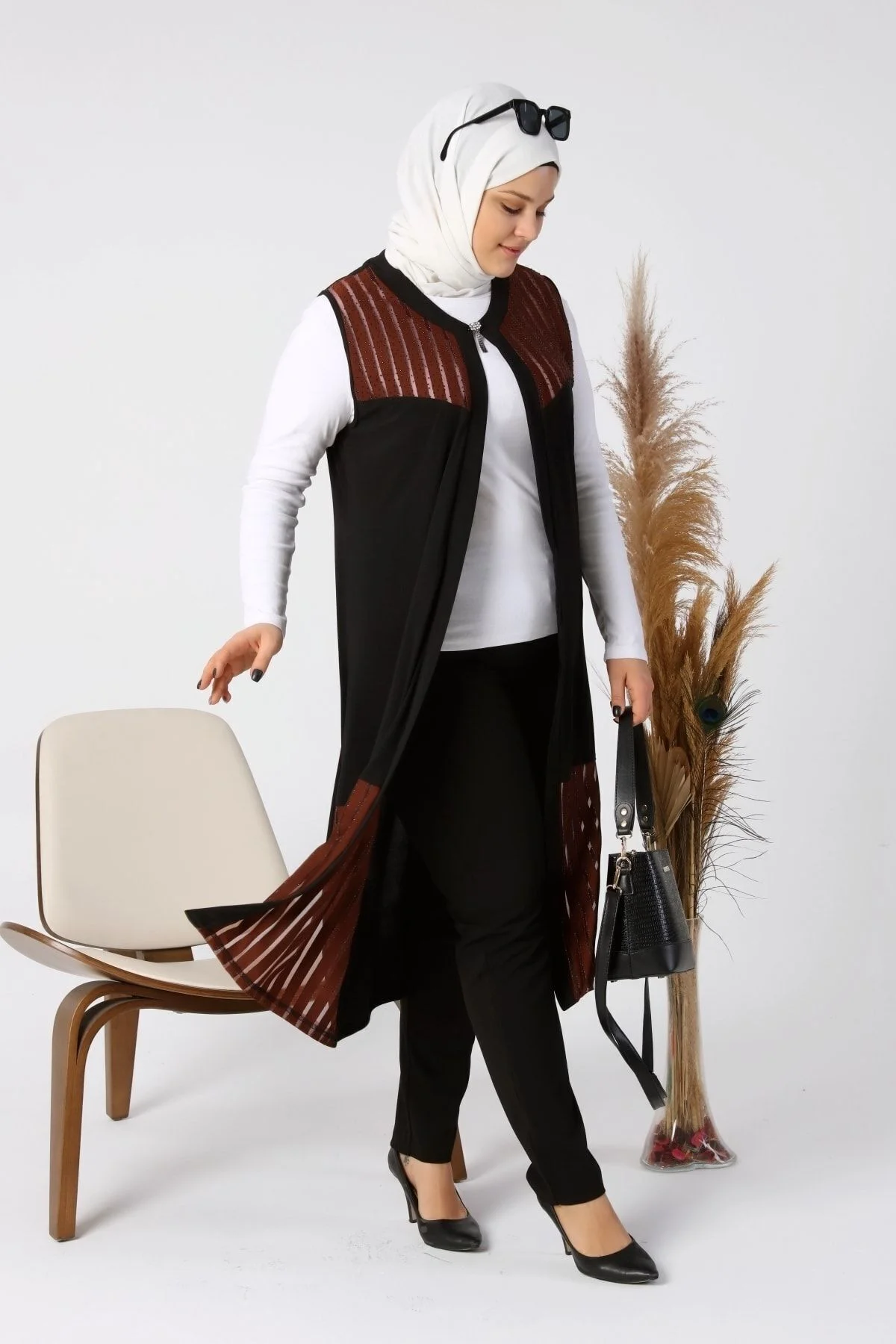 Kadin Buyuk Beden Giyim Yelek Transparan Tasli Uzun Yelek