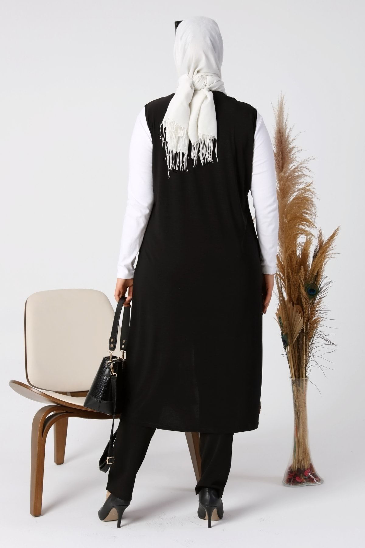 Ferace Kadin Buyuk Beden Giyim Yelek Transparan Tasli Uzun Yelek