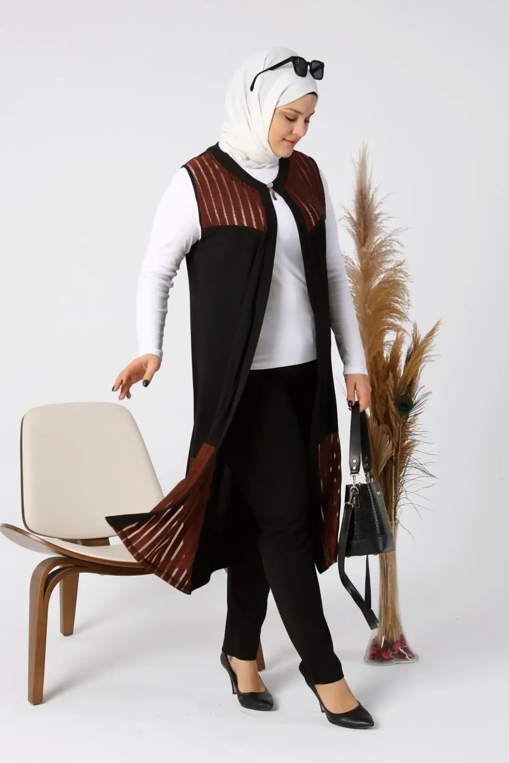 Kadin Buyuk Beden Giyim Yelek Transparan Tasli Uzun Yelek