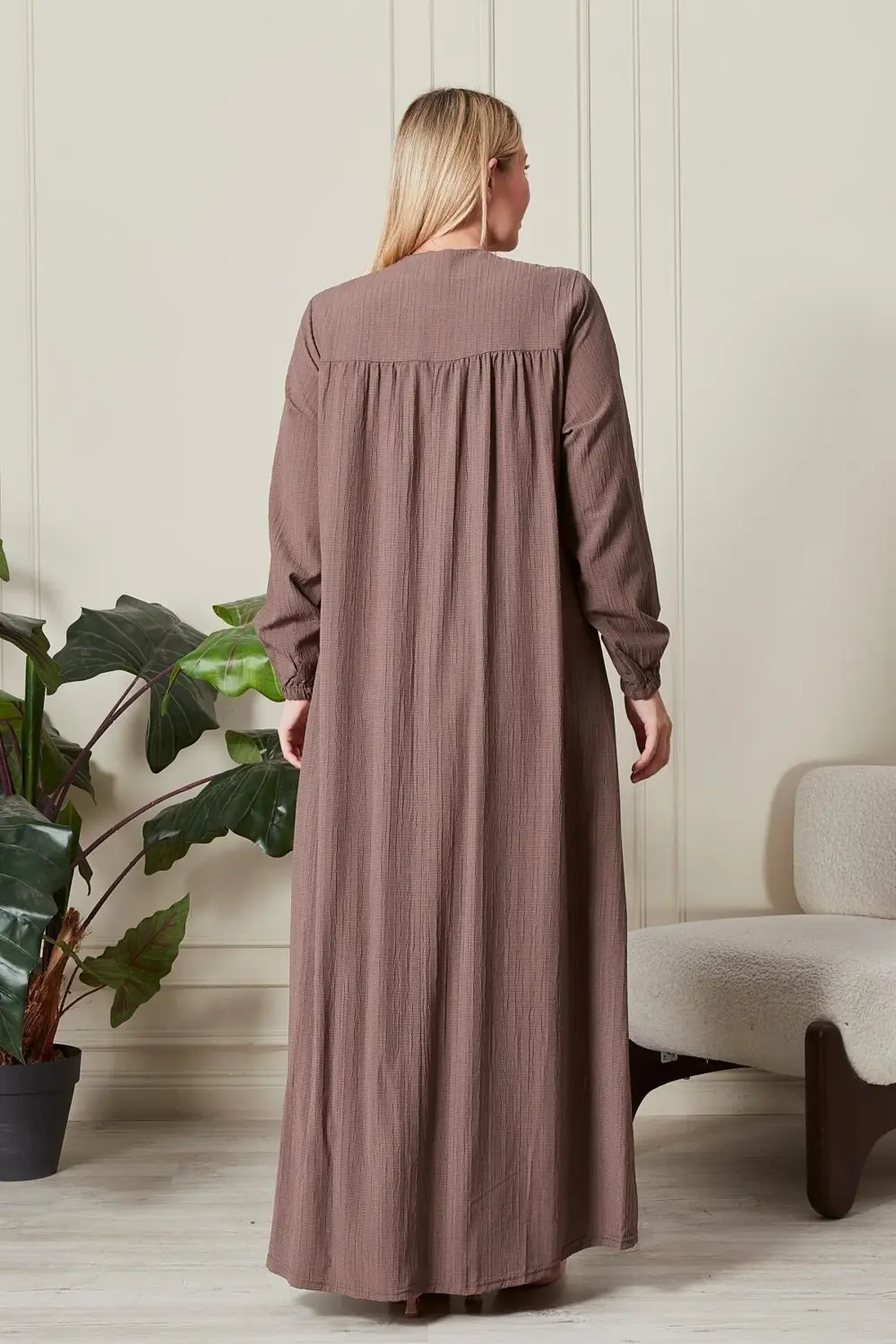 Kadın Büyük Beden Gofre Kumaş Kare Yaka Elbise