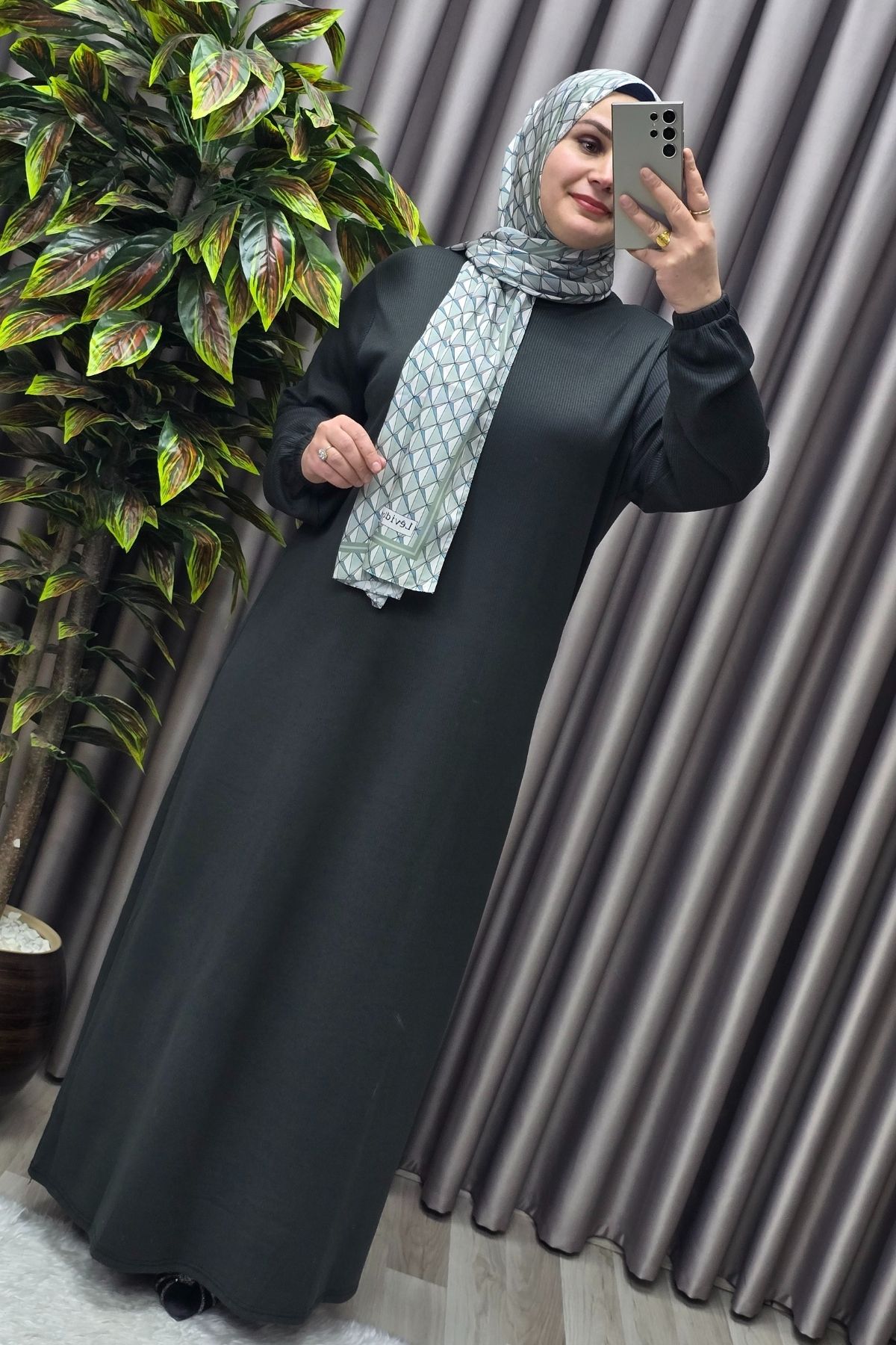 Elmas Tesettür Kadın Büyük Beden Hakim Yaka Fitilli Nevra Elbise