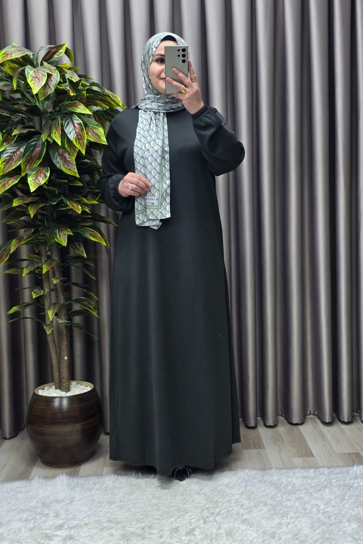 Elmas Tesettür Kadın Büyük Beden Hakim Yaka Fitilli Nevra Elbise