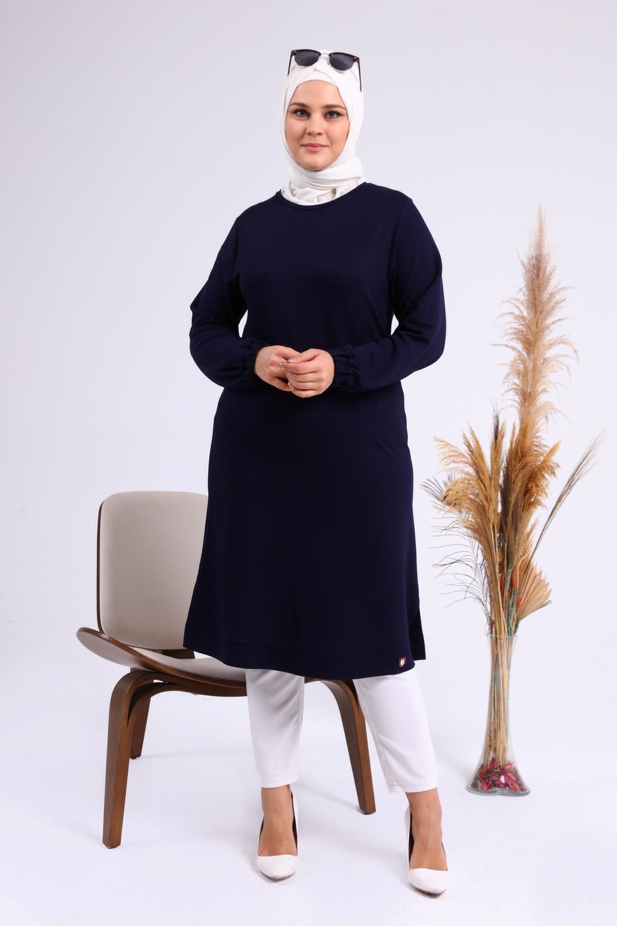 Ferace Kadın Büyük Beden İki İplik Penye Uzun Tesettür Tunik