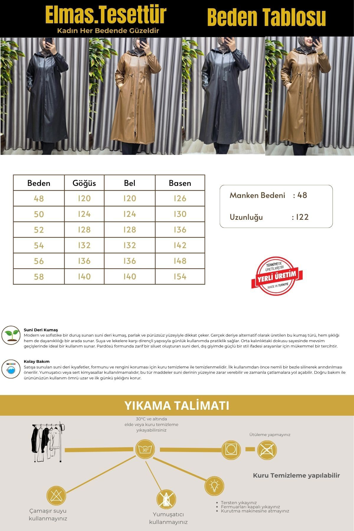 Elmas Tesettür Kadın Büyük Beden Kapşonlu Fermuarlı Suni Deri Tesettür Kap Su Ge