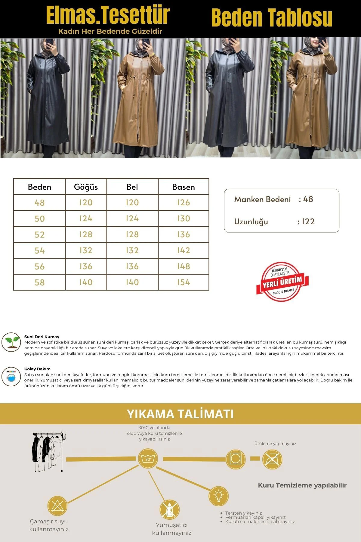 Kadın Büyük Beden Kapşonlu Fermuarlı Suni Deri Tesettür Kap Su Ge