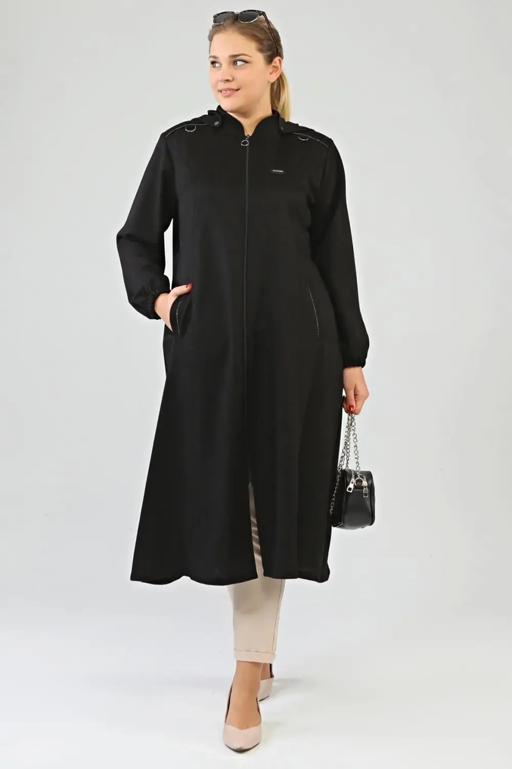 Kadin Buyuk Beden Kapşonlu Kislik Kap Kaban