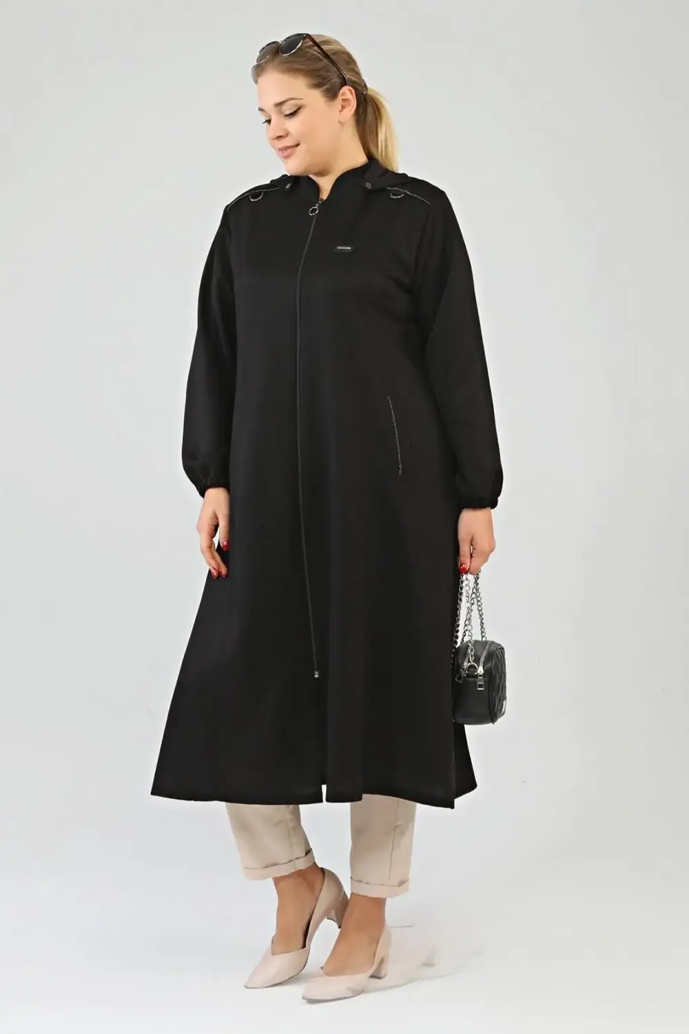 Kadin Buyuk Beden Kapşonlu Kislik Kap Kaban