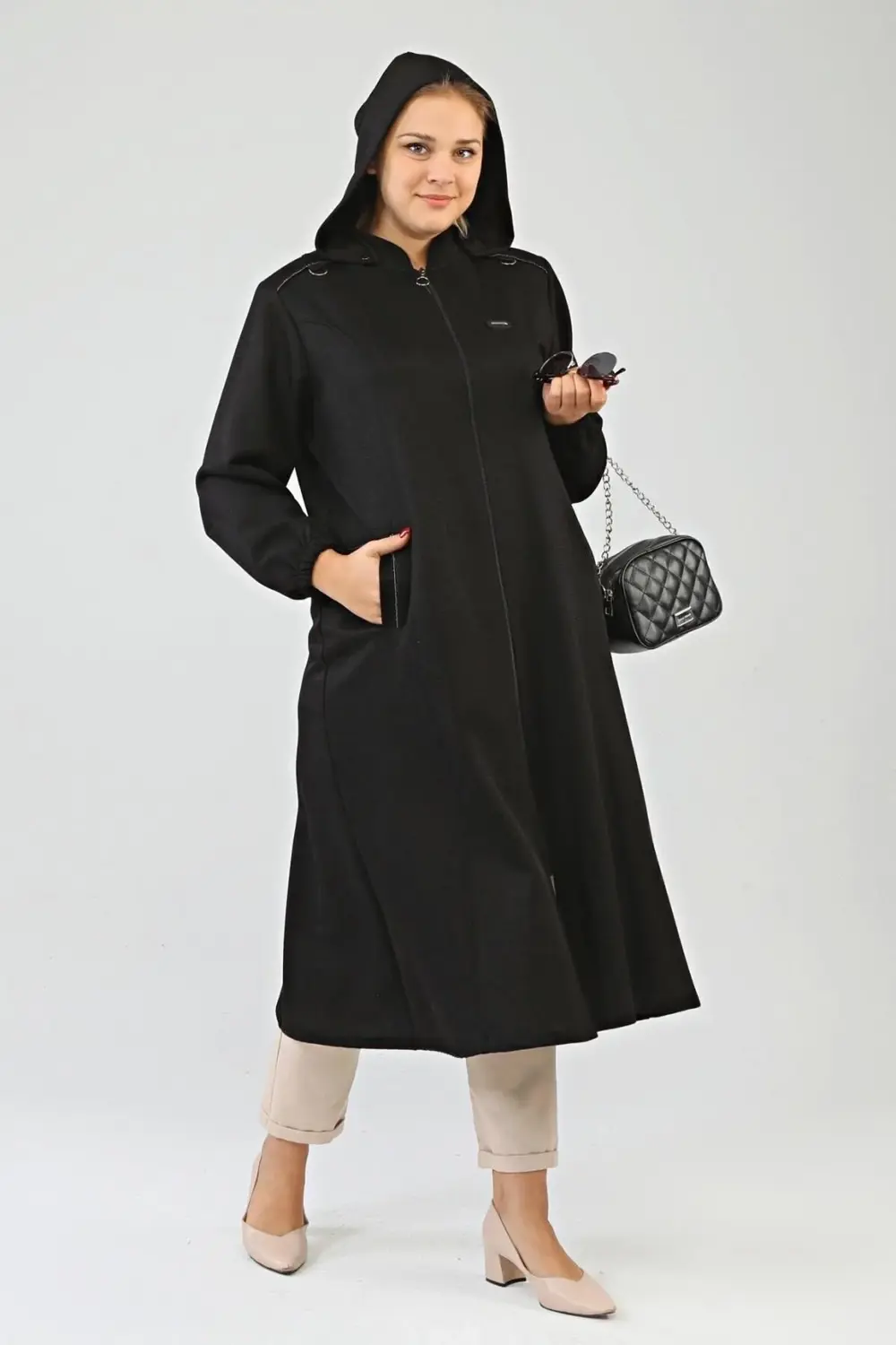 Kadin Buyuk Beden Kapşonlu Kislik Kap Kaban