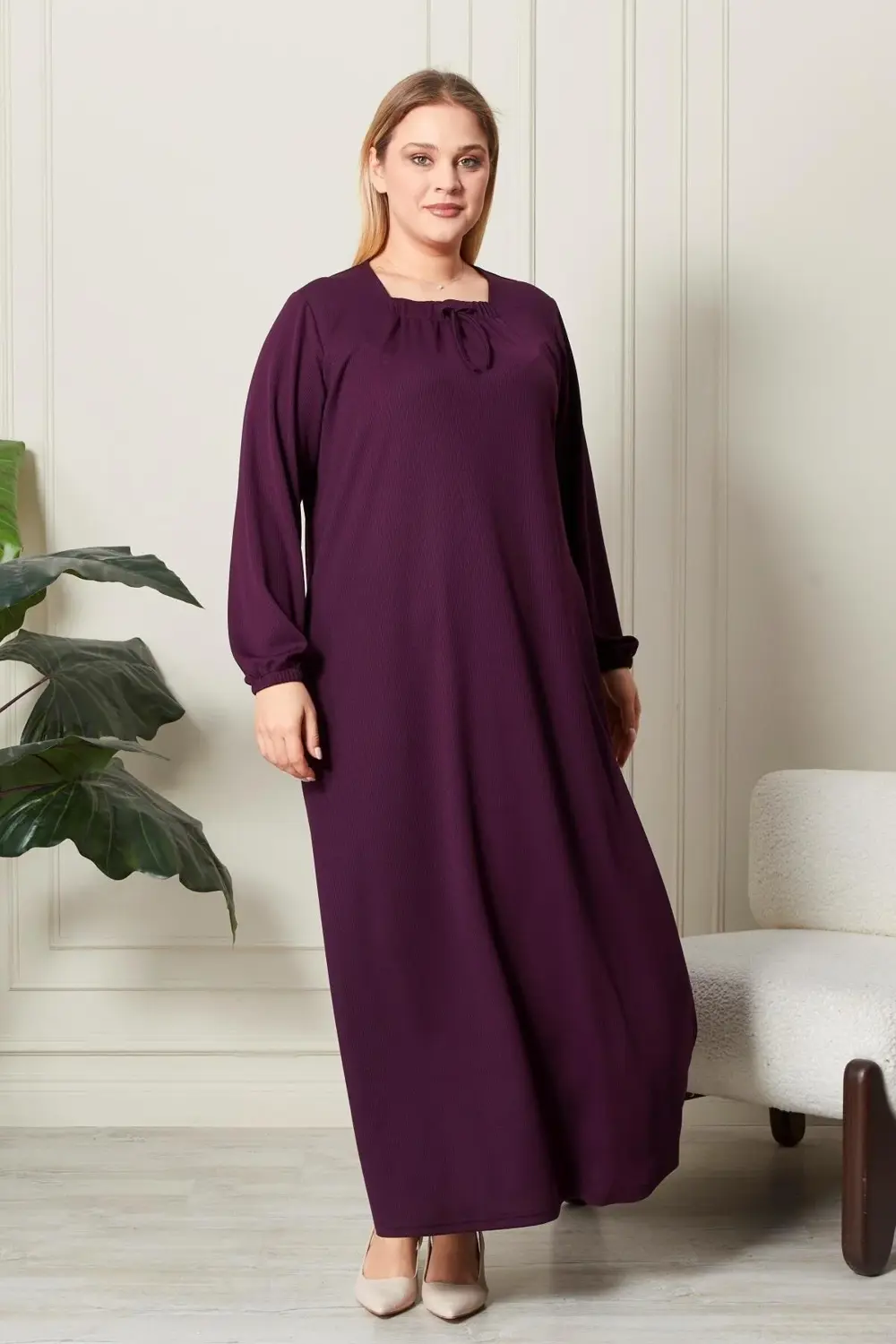 Kadın Büyük Beden Kare Yaka Fitilli Elbise