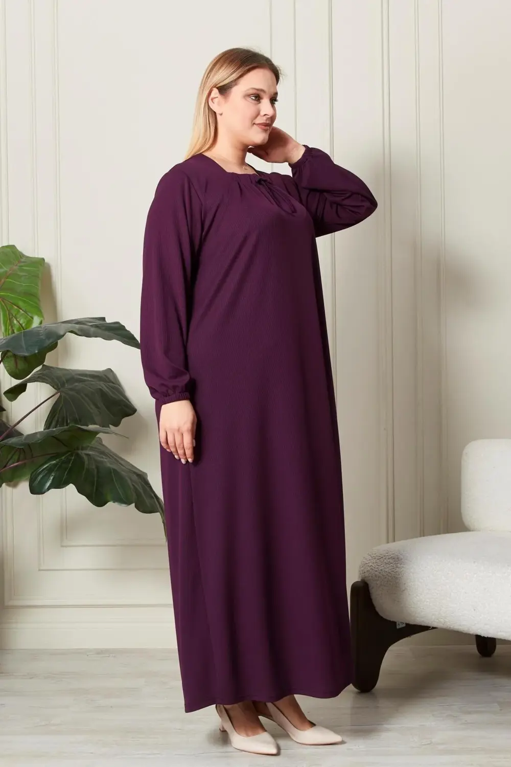 Kadın Büyük Beden Kare Yaka Fitilli Elbise