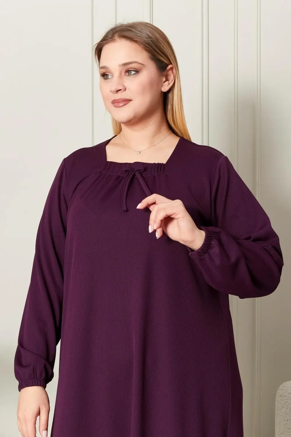 Kadın Büyük Beden Kare Yaka Fitilli Elbise