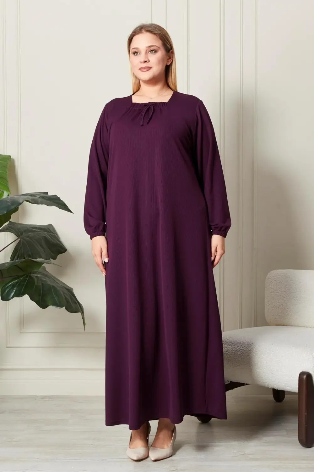 Kadın Büyük Beden Kare Yaka Fitilli Elbise