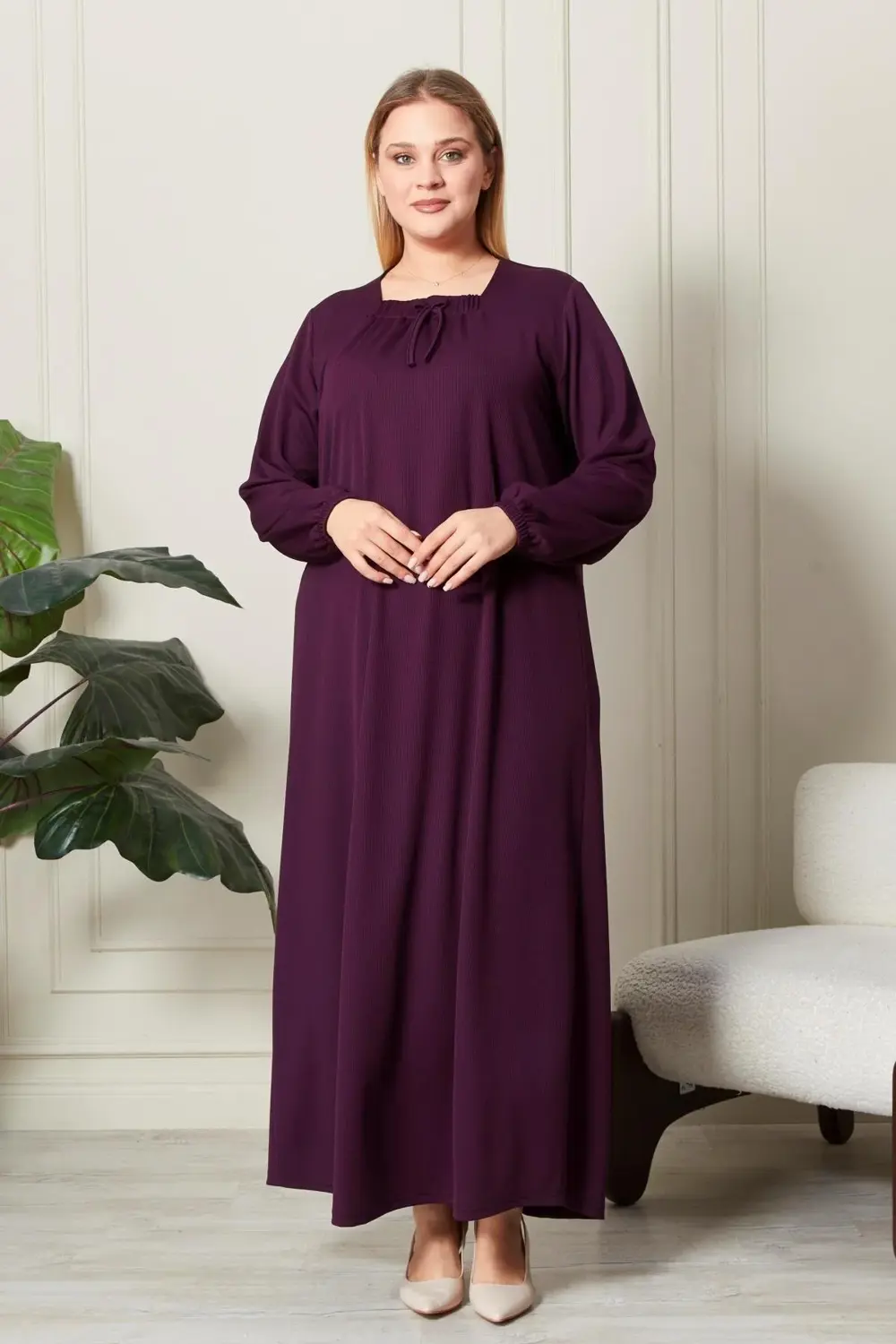 Kadın Büyük Beden Kare Yaka Fitilli Elbise