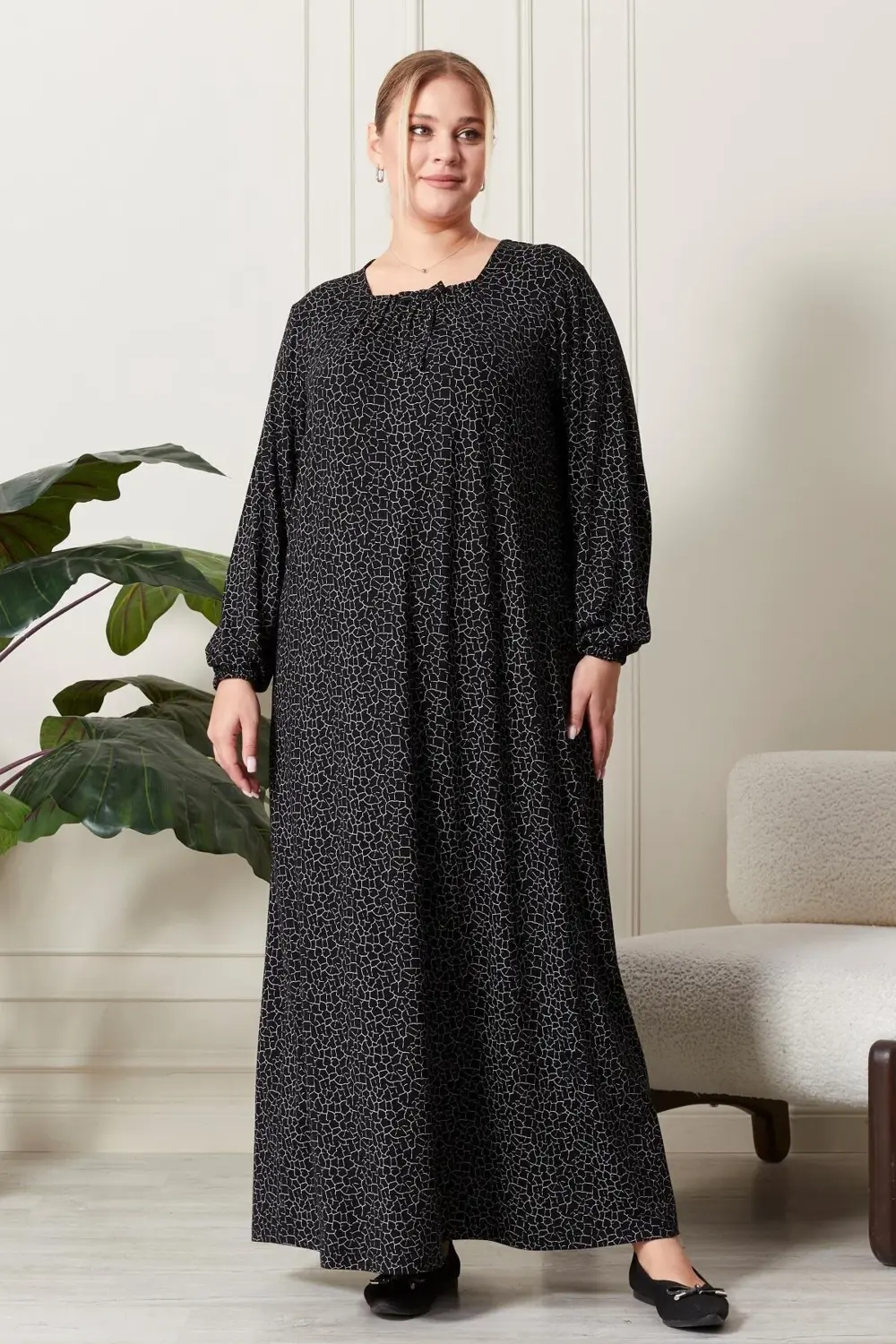 Kadın Buyuk Beden Kare Yaka Tesettür Elbise