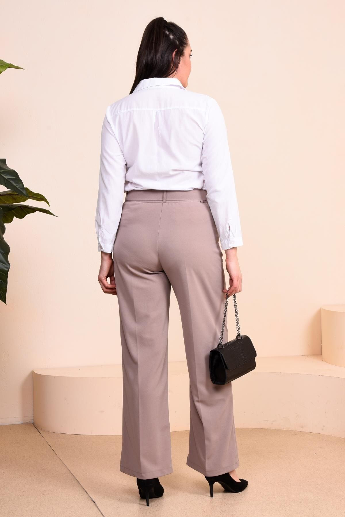 Ferace Kadin Buyuk Beden Kumas Pantolon Kemerli Ve Geniş Paça Palazzo Mo