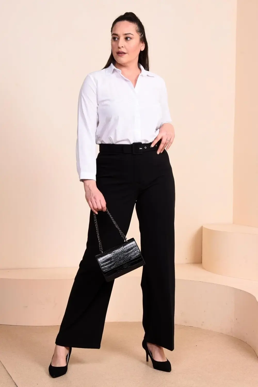 Kadin Buyuk Beden Kumas Pantolon Kemerli Ve Geniş Paça Palazzo Mo