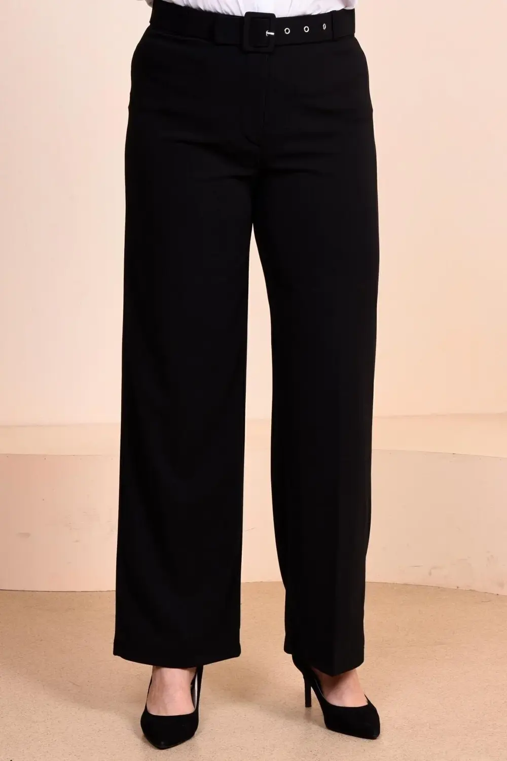 Kadin Buyuk Beden Kumas Pantolon Kemerli Ve Geniş Paça Palazzo Mo