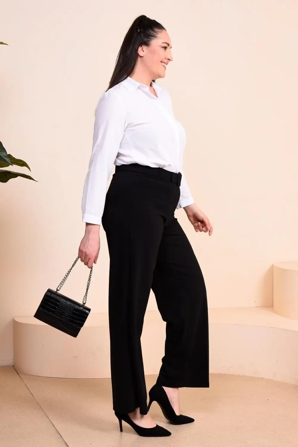 Kadin Buyuk Beden Kumas Pantolon Kemerli Ve Geniş Paça Palazzo Mo