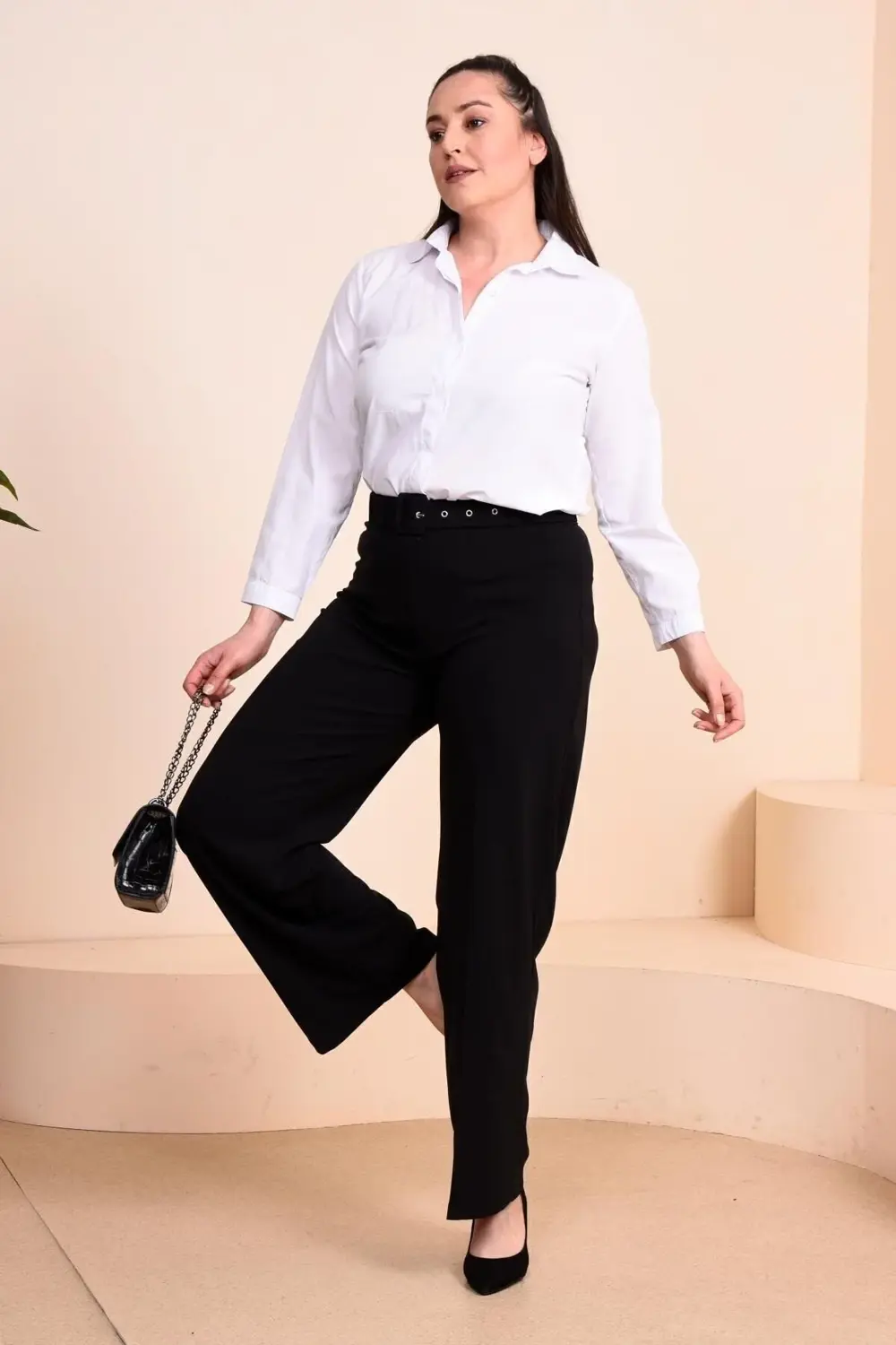 Kadin Buyuk Beden Kumas Pantolon Kemerli Ve Geniş Paça Palazzo Mo