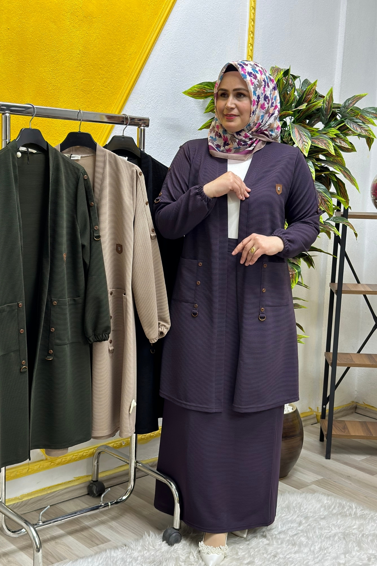 Elmas Tesettür Kadın Büyük Beden Ottoman Cepli Çelik Hırka