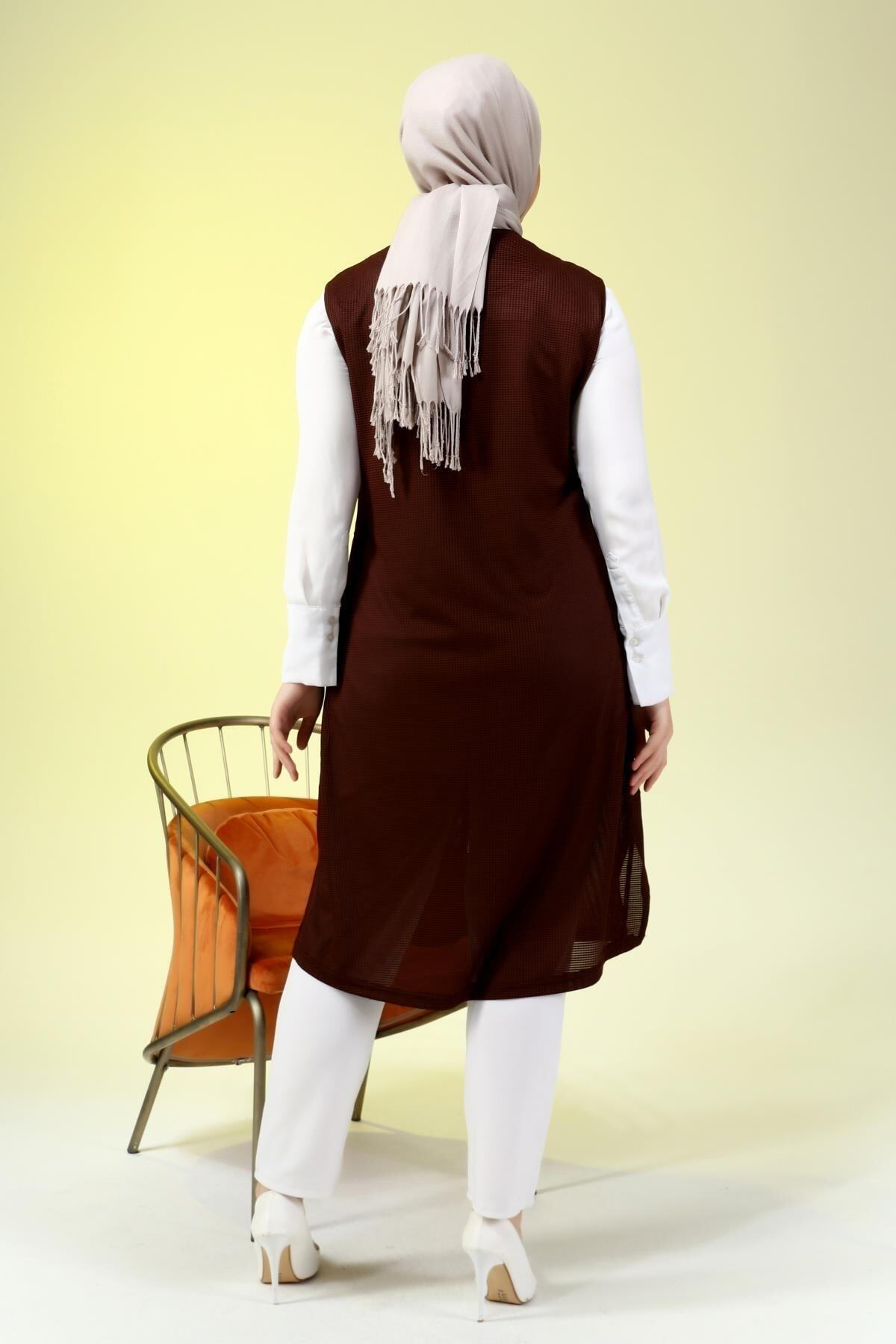 Ferace Kadin Buyuk Beden Petek Kumaş Cepli Fermuarlı Düğmeli Yelek