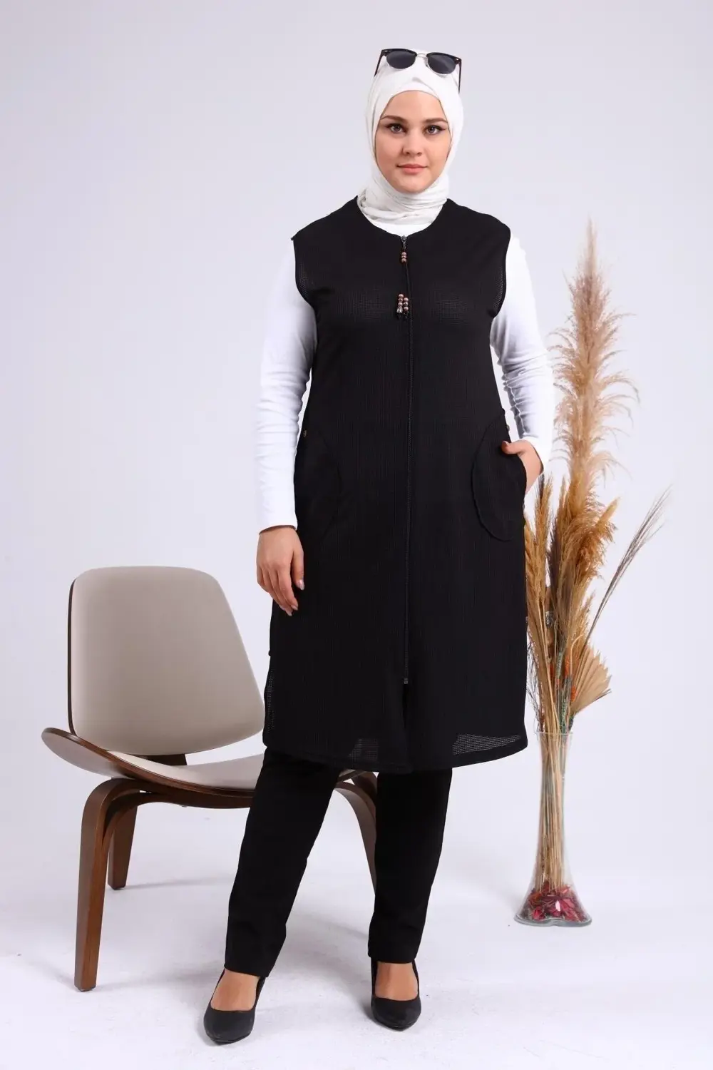 Kadin Buyuk Beden Petek Kumaş Cepli Fermuarlı Düğmeli Yelek