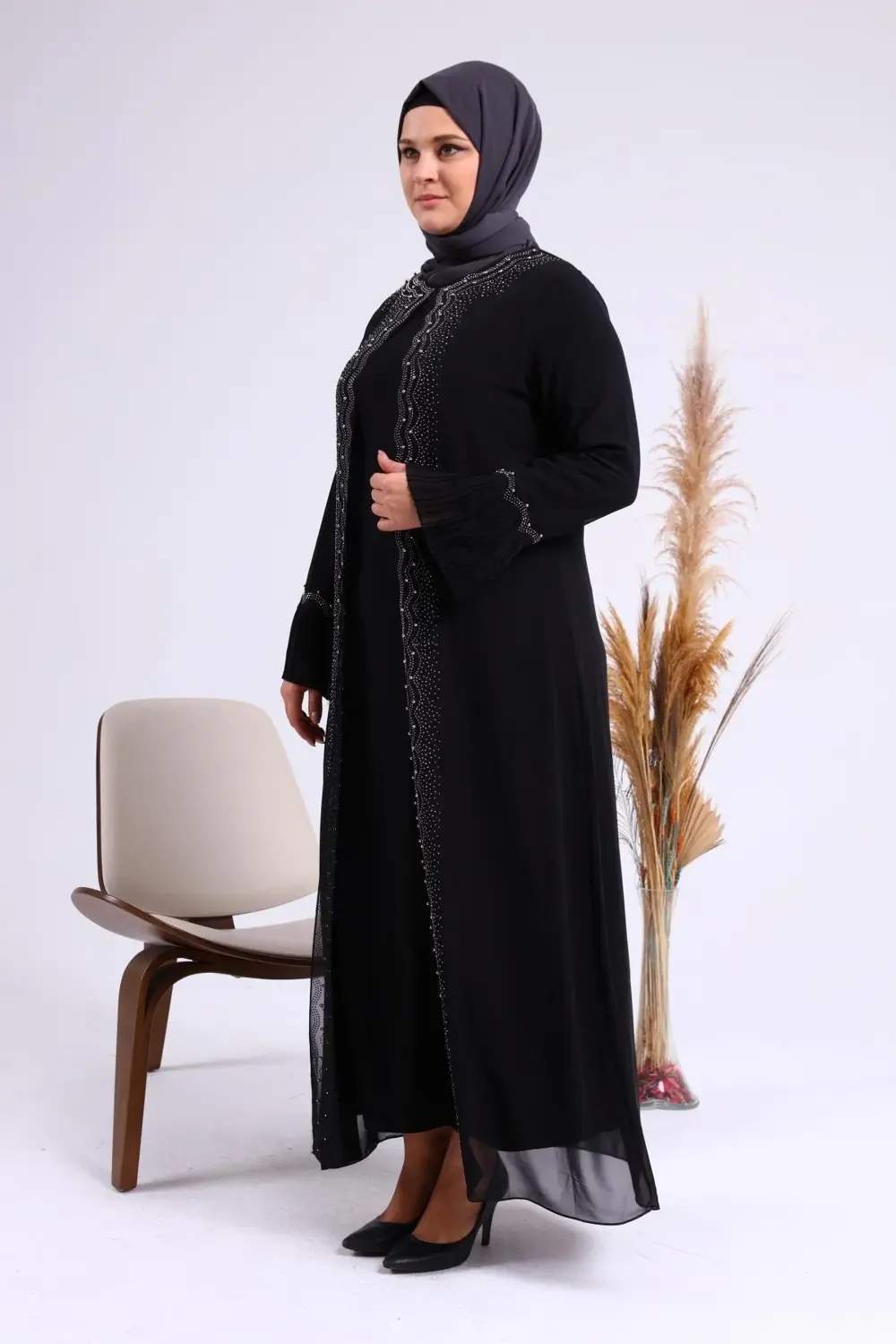 Kadin Buyuk Beden Taşlı Ve Inci Desenli Kolları Piliseli Anne Tes