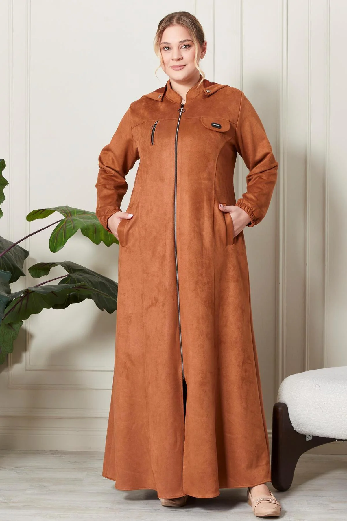 Kadın Büyük Beden Tesettür Süet Kap - Boydan Göğsü Fermuarlı Kapü