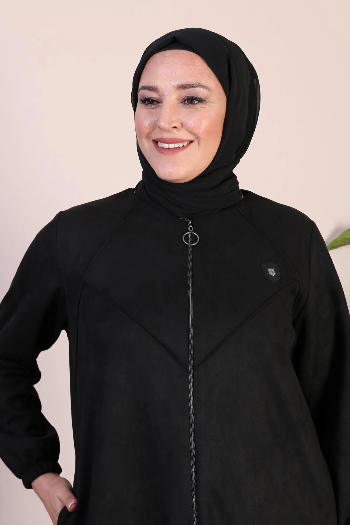 Kadin Buyuk Beden Tesettur Süet Pardesü Tam Boy Baklava Desenli U