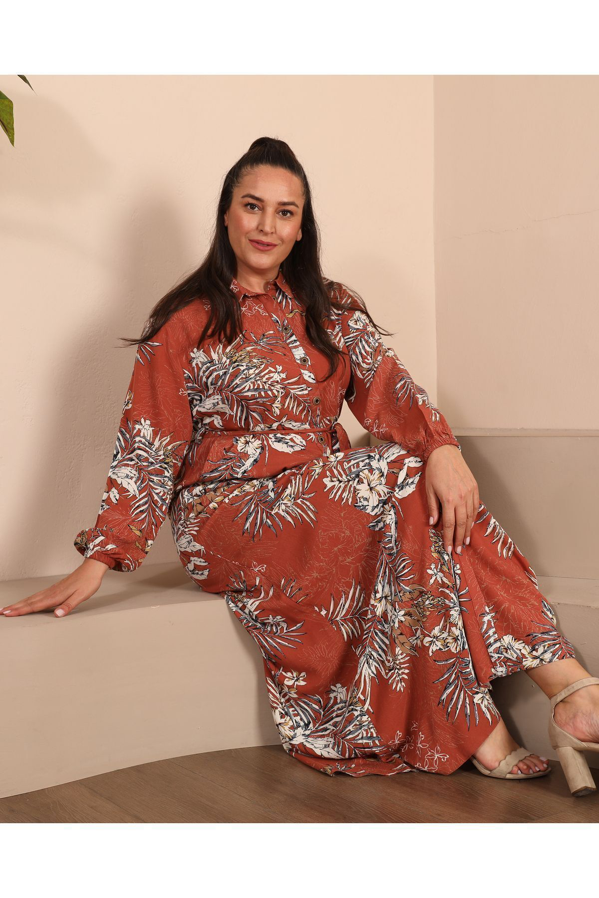 Ferace Kadin Buyuk Beden Tesettur Giyim Yazlik Uzun Elbise Kahverengi