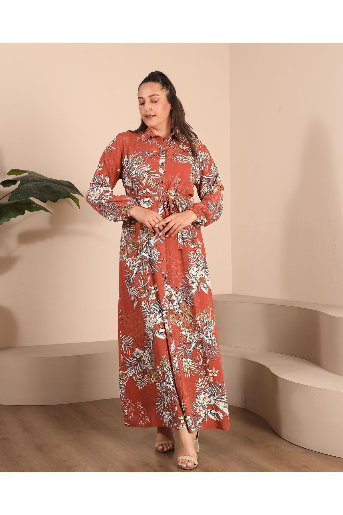 Ferace Kadin Buyuk Beden Tesettur Giyim Yazlik Uzun Elbise Kahverengi