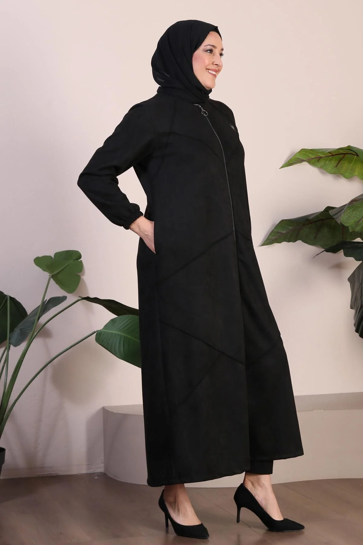 Kadin Buyuk Beden Tesettur Süet Pardesü Tam Boy Baklava Desenli U