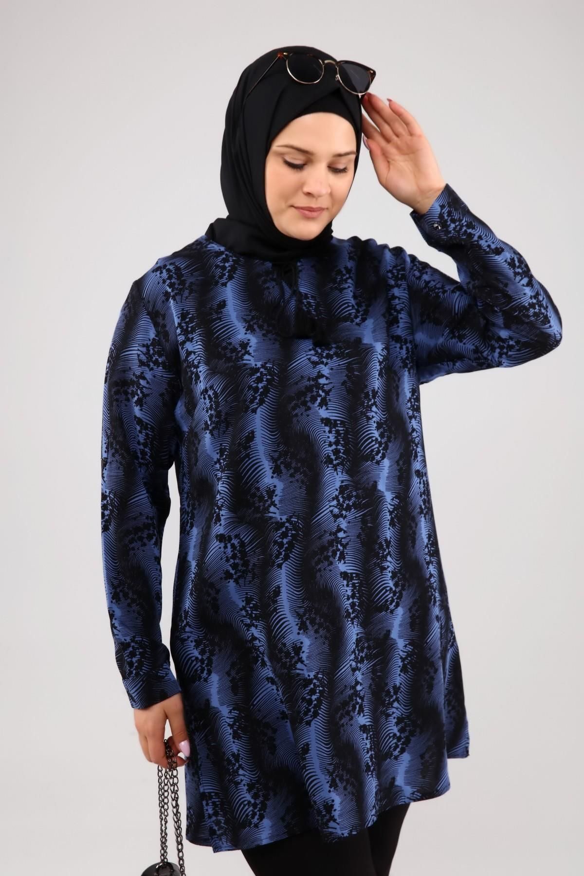 Ferace Kadın Büyük Beden Tesettür Tunik İpli Ve Yandan Yırtmaçlı Mavi