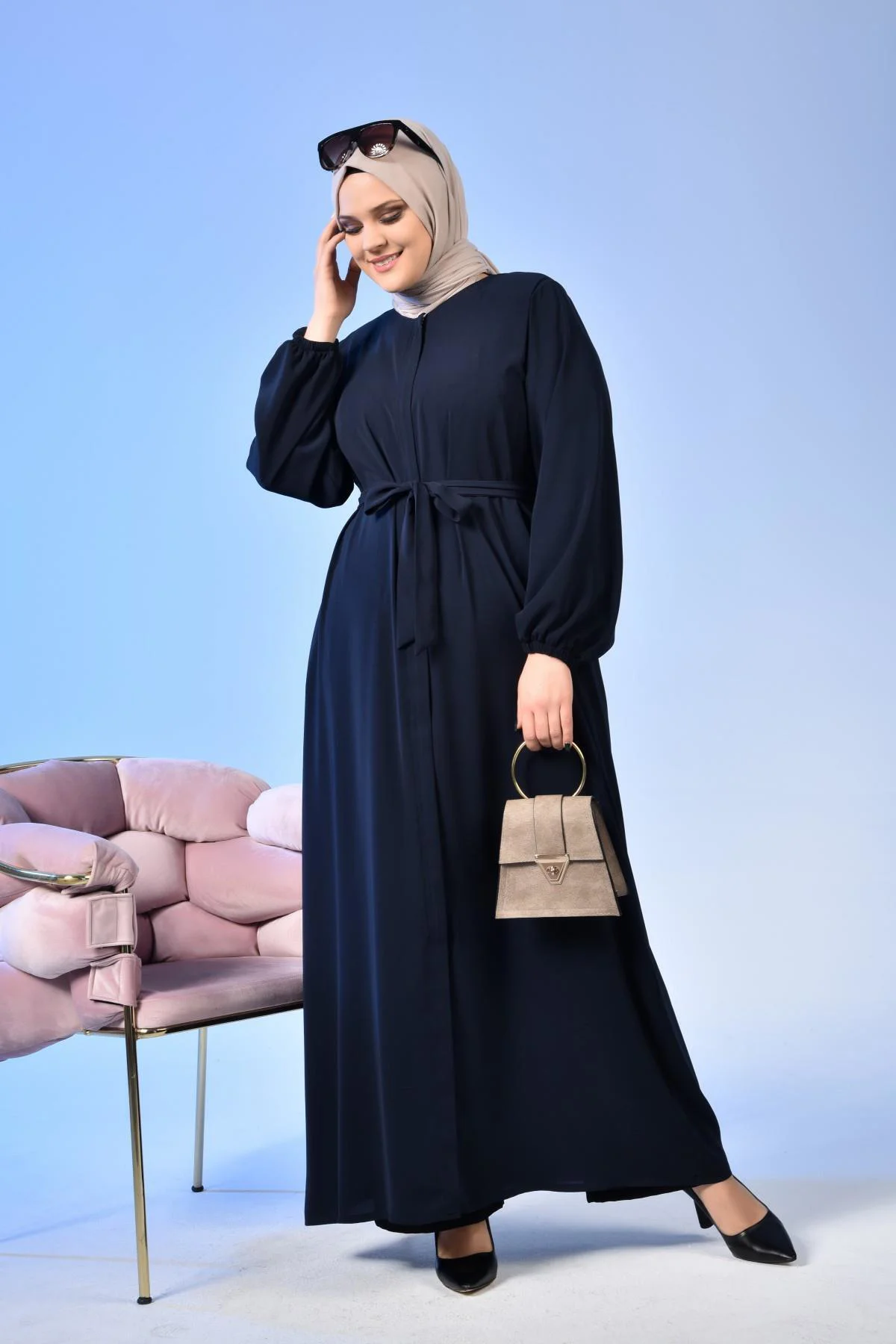 Kadin Buyuk Beden Tesettur Fermuarlı Yandan Baglamalı Kusaklı Elbise Oversize - Görsel 4