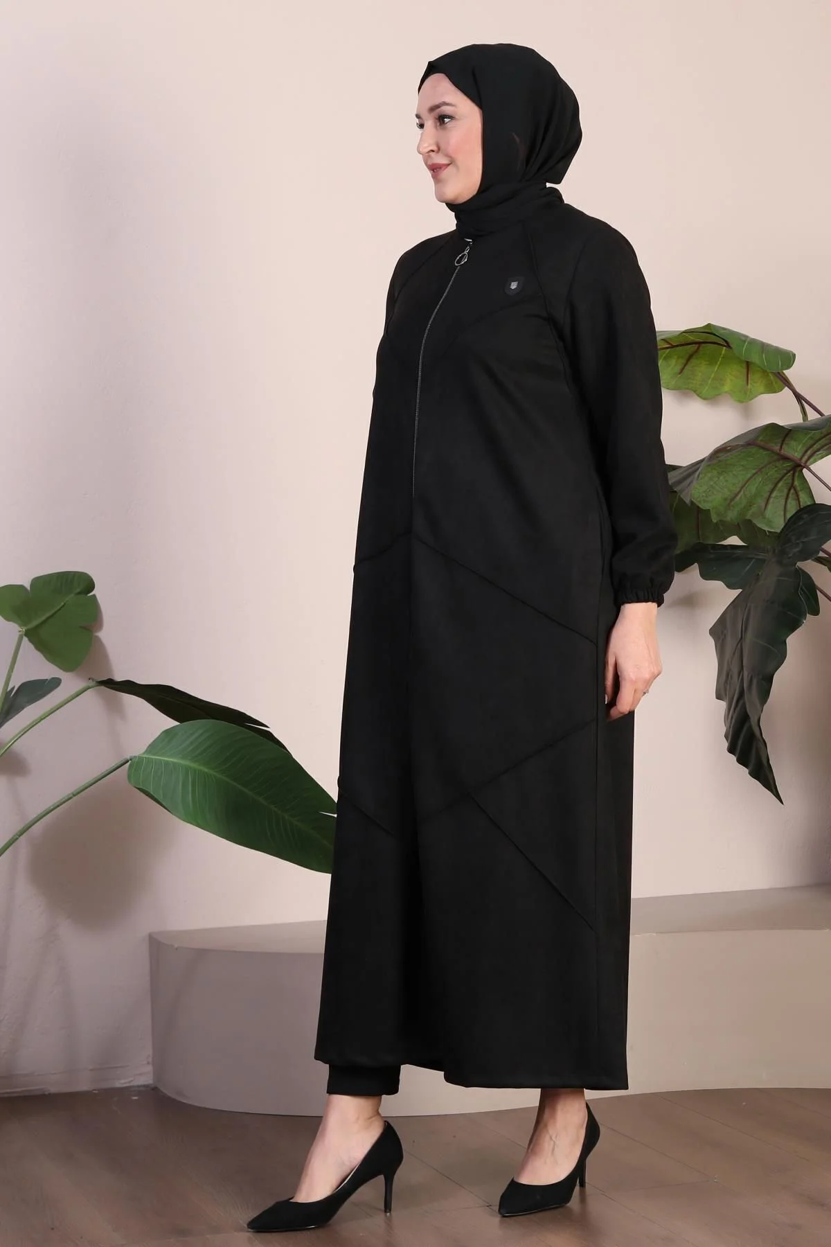 Kadin Buyuk Beden Tesettur Süet Pardesü Tam Boy Baklava Desenli U