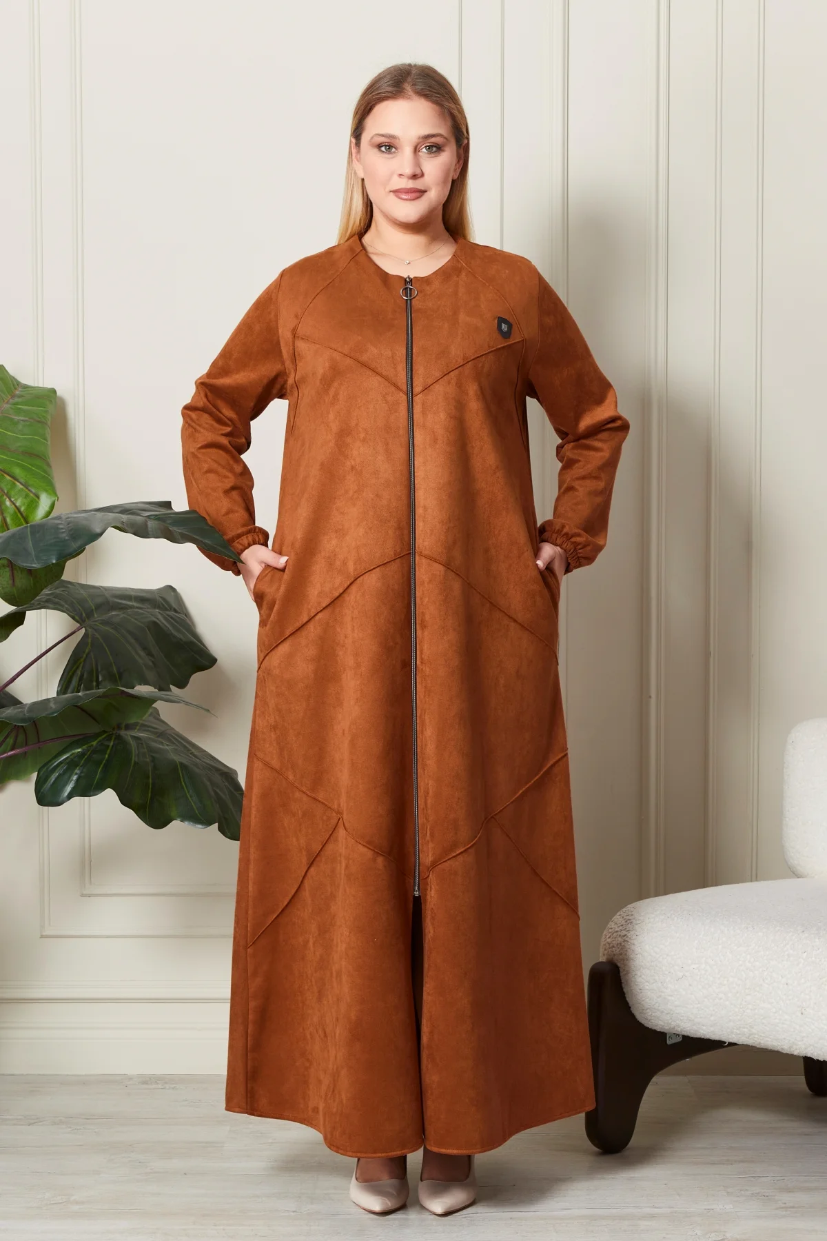 Kadin Buyuk Beden Tesettur Süet Pardesü Tam Boy Baklava Desenli U